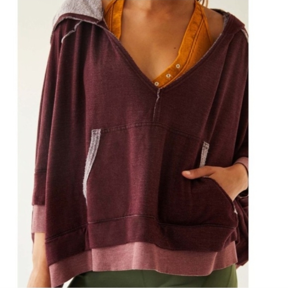 Free People Oversized Maroon Hoodie with Pink Trim